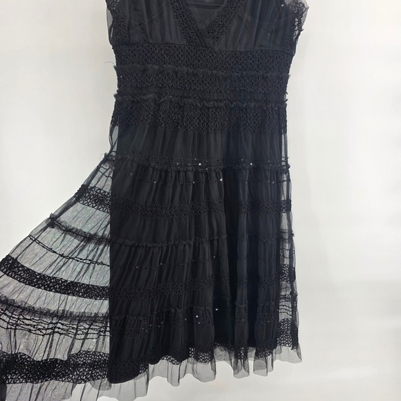 Black Tulle Lace Sequin Tiered Ruffled V Neck Midi Dress Med whimsy goth fairy - Picture 5 of 10